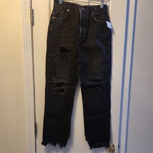 Free People Jeans pants Denim Tapered torn Boyfriends Black Straight Leg $98